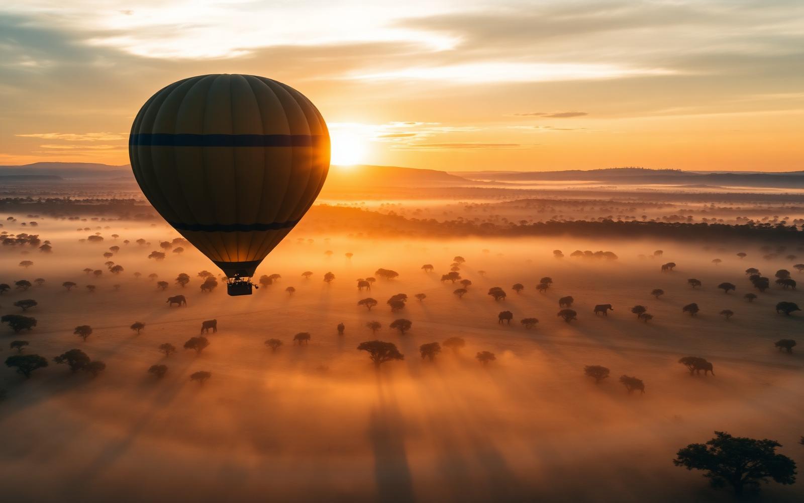 Balão sobrevoando a savana ao amanhecer