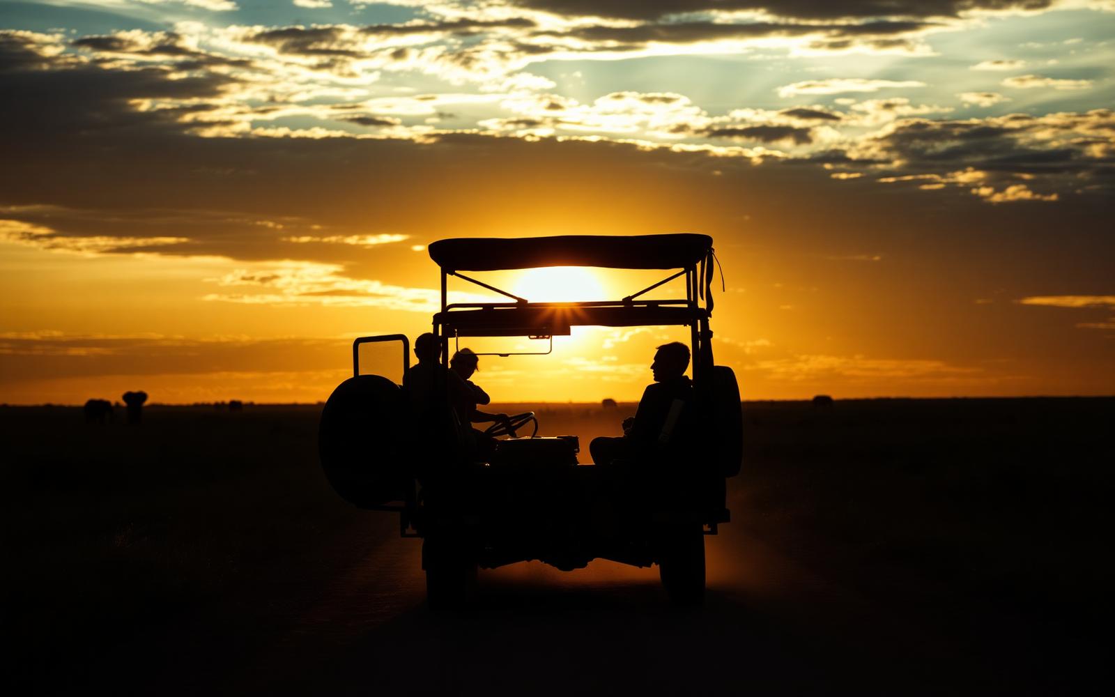 Veículo de safári em silhueta contra o pôr do sol na savana
